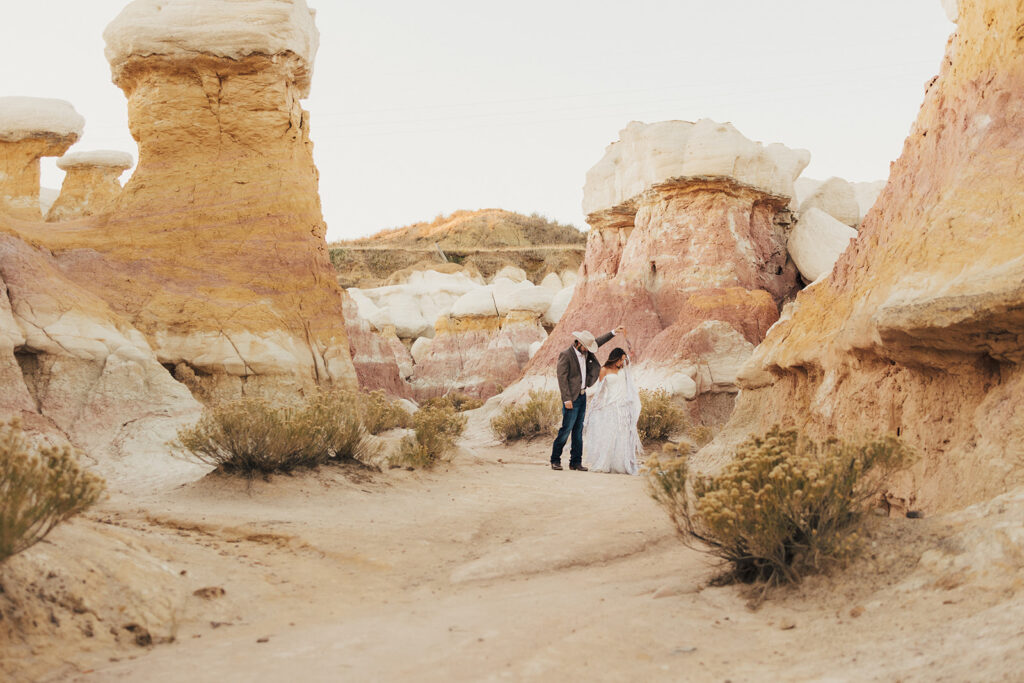 couple dancing during their beautiful boho elopement 