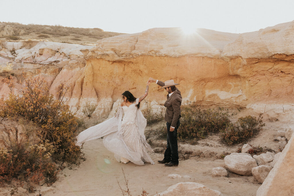 stunning couple dancing during their beautiful boho elopement