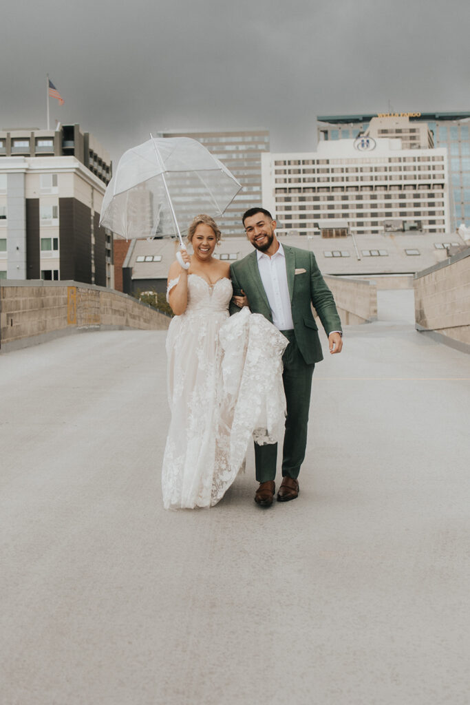 bride and groom posing for a first look photoshoot