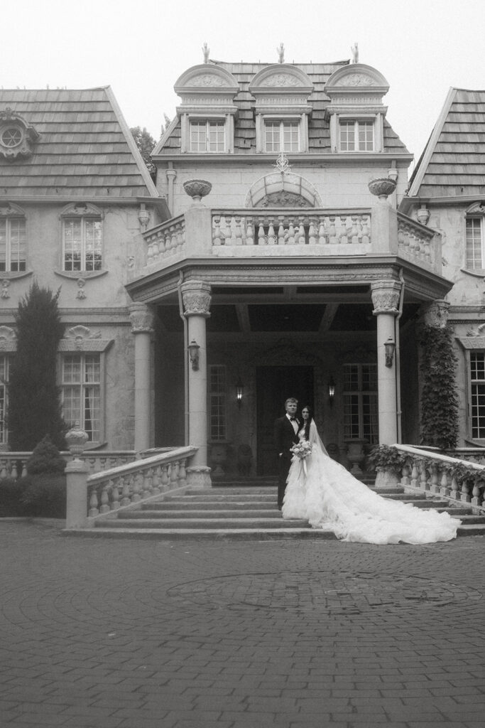 bride and groom posing in utah at la caille for their wedding portraits