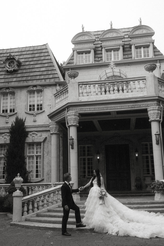 couple posing for their wedding portraits - la caille in utah
