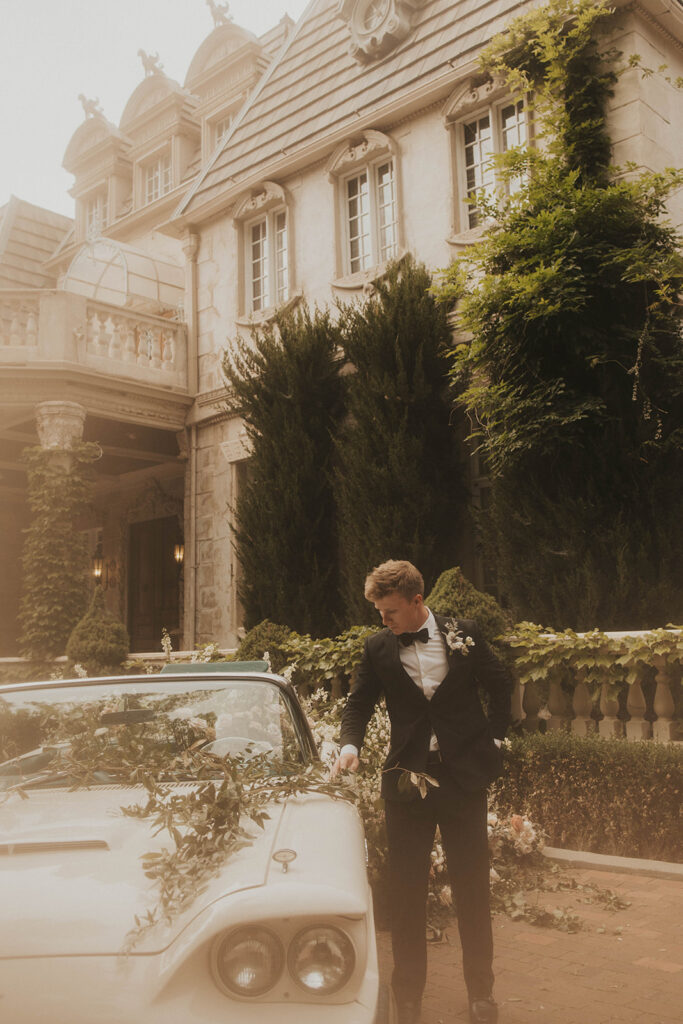 couple posing for their wedding portraits - la caille in utah
