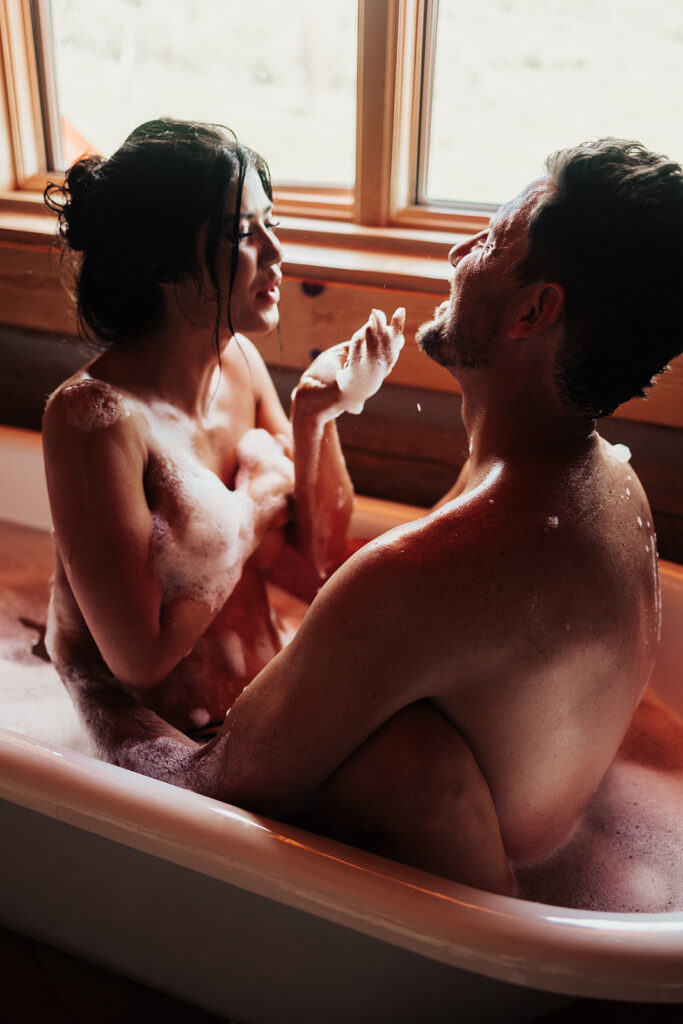 couple photoshoot at home at a cozy and intimate cabin in Jackson, WY