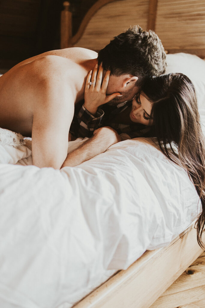 couple photoshoot at home at a cozy and intimate cabin in Jackson, WY