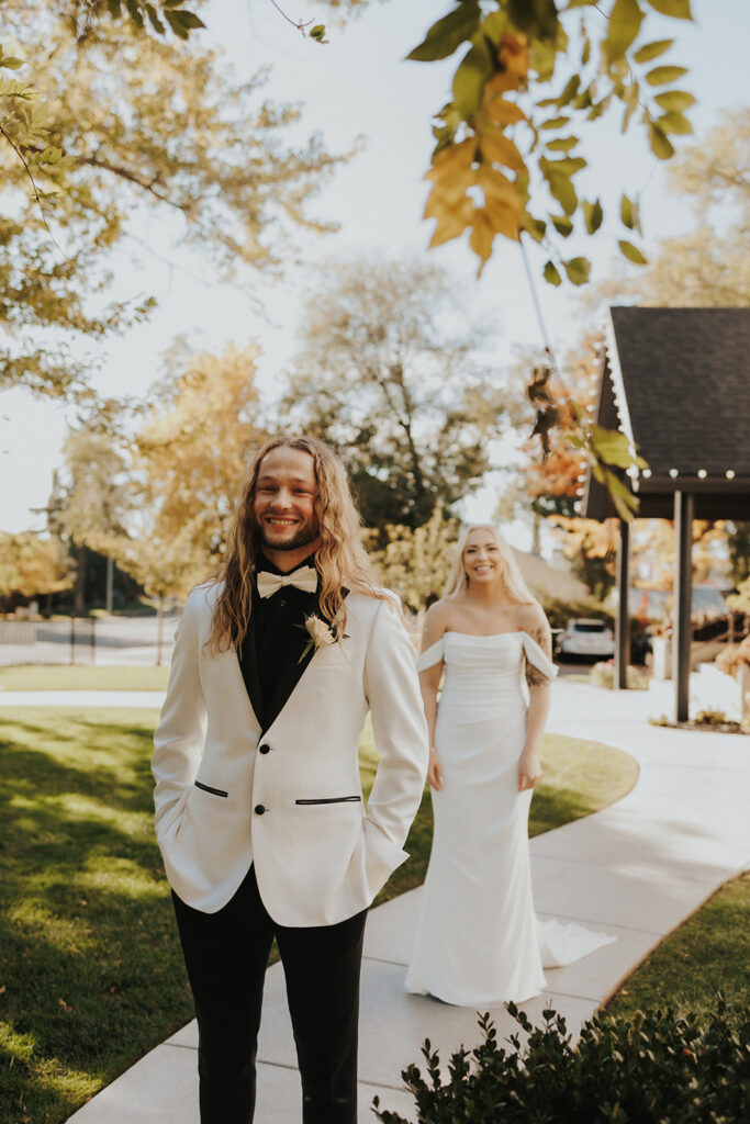 bride and groom first look 