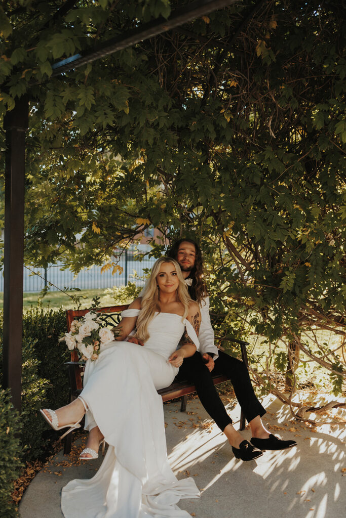 Beautiful Bride and Groom in a garden before their ceremony