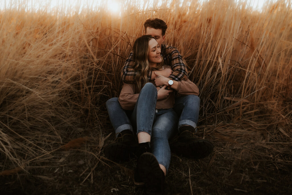 couple hugging during their adventurous engagement session