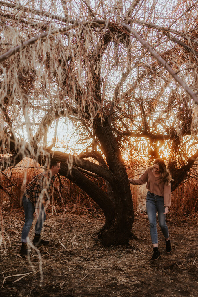 portrait of the newly engaged couple during sunset
