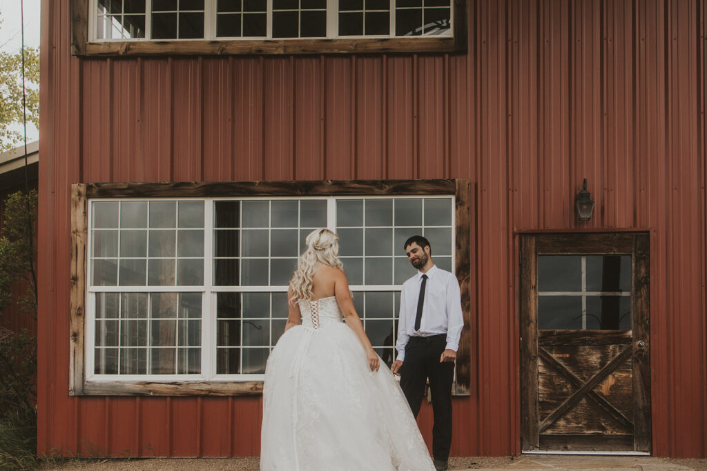 bride and groom during their first look