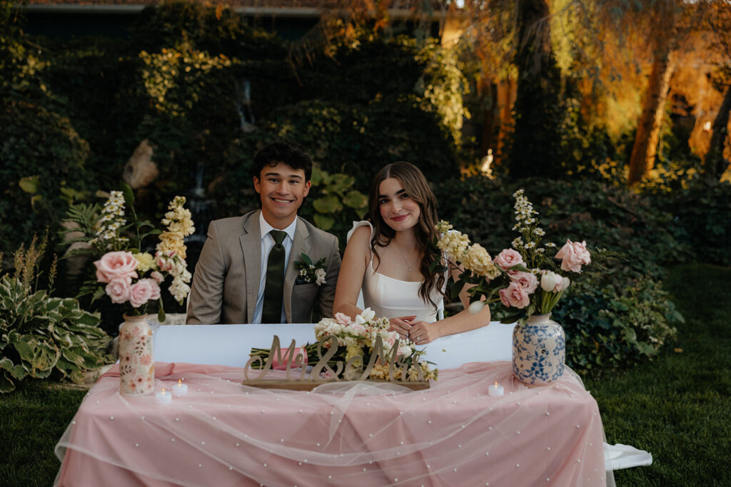 newlyweds at their romantic wedding reception