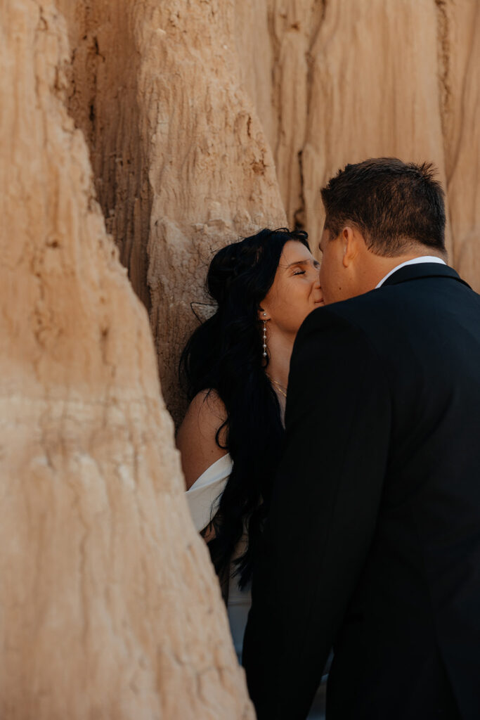 portrait of the newlyweds kissing 
