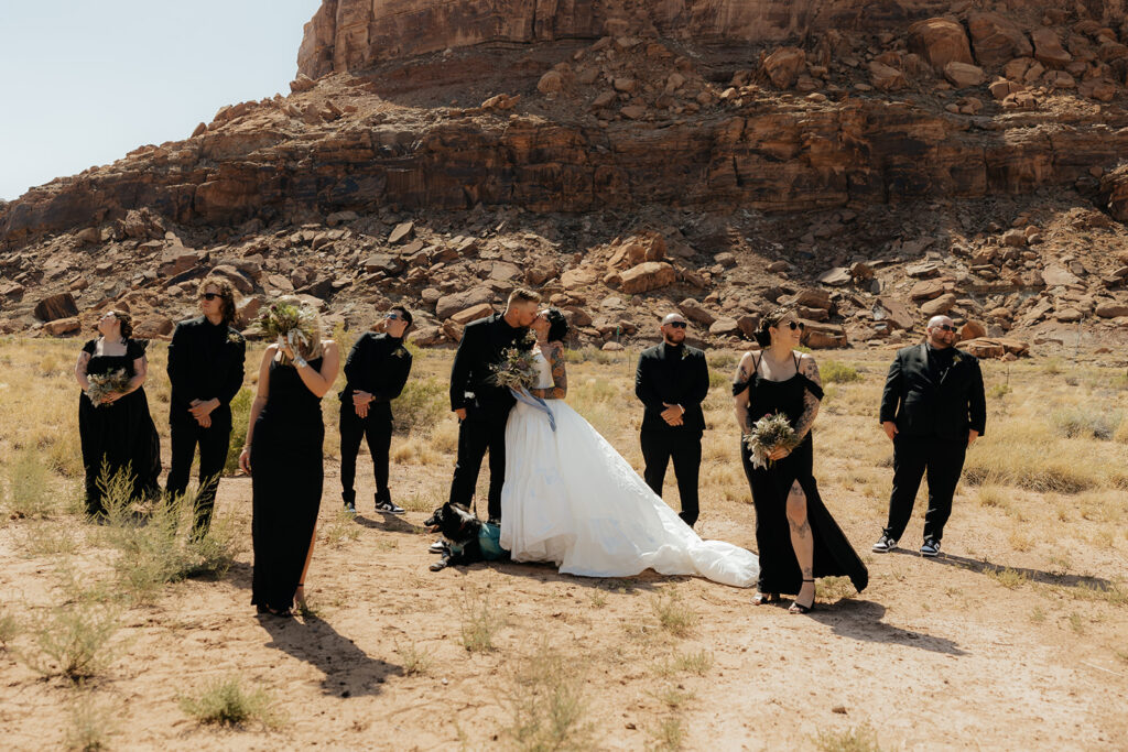 Picture of the bride and groom with their bridal party