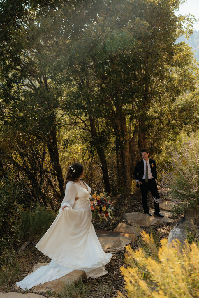cute picture of the newlyweds smiling at each other