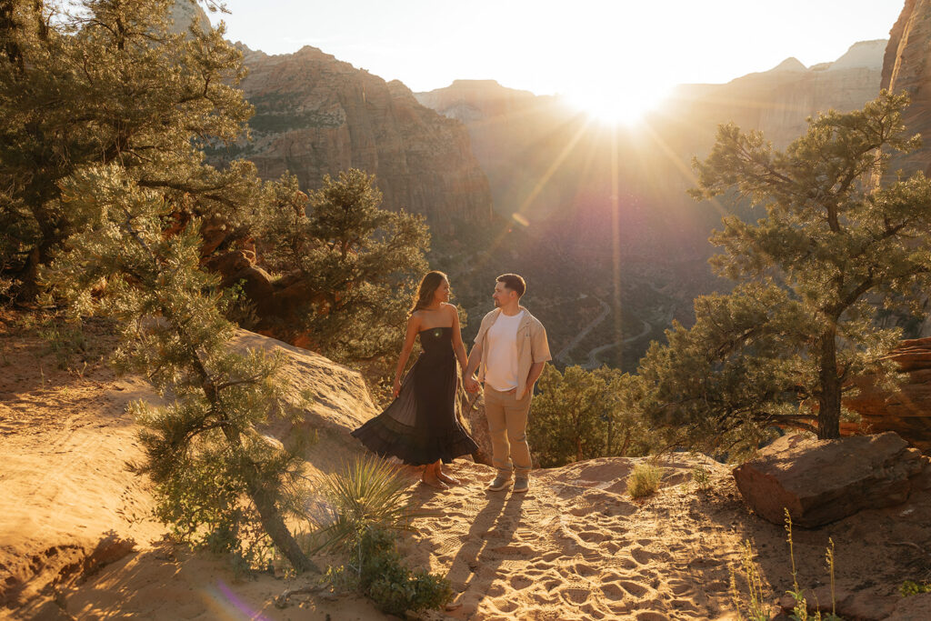 golden hour couple portraits at zion national park