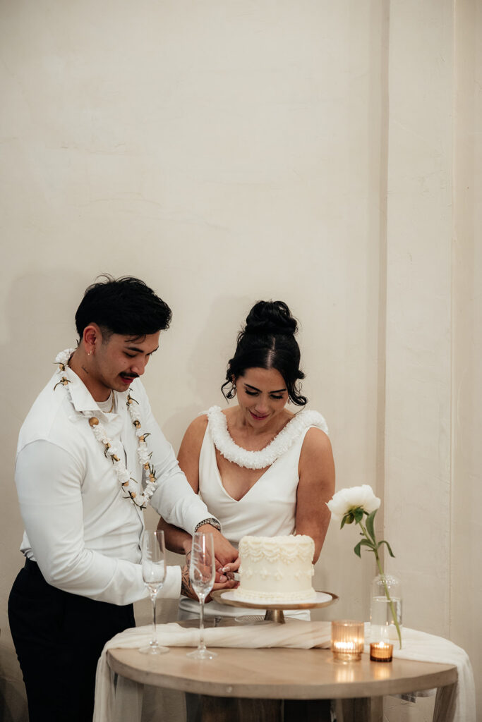 newlyweds cutting their wedding cake